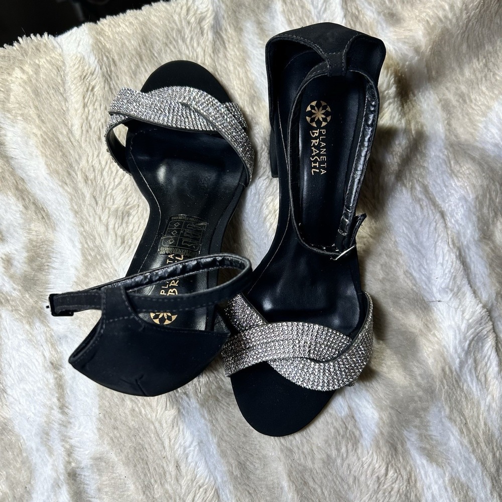 Planeta Brasil Women Black Rhinestone Block Heel Ankle Strap Sandals Size 37 6.5 - Picture 5 of 11